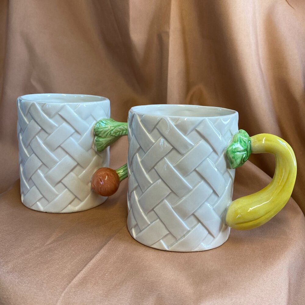 Vintage Fitz & Floyd Kitchen Harvest Vegetable Basketweave Mugs Radish & Squash